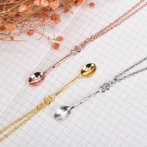 

3colors fashion women tiny tea spoon crown pendant necklace alloy chain charm jewelry great decoration necklaces, Silver