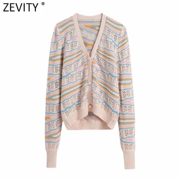 

women's knits & tees zevity women vintage striped jacquard hollow out crochet knitting sweater female v neck long sleeve casual cardiga, White
