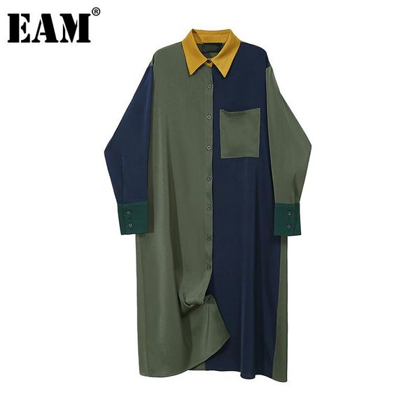

[eam] women green contrast color big size dress lapel long sleeve loose fit fashion tide spring autumn 2021 1z644 casual dresses, Black;gray