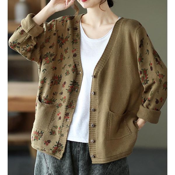 

women's knits & tees fairynatural autumn spring ladies elegant retro cardigans european style women casual print design sweater loose v, White