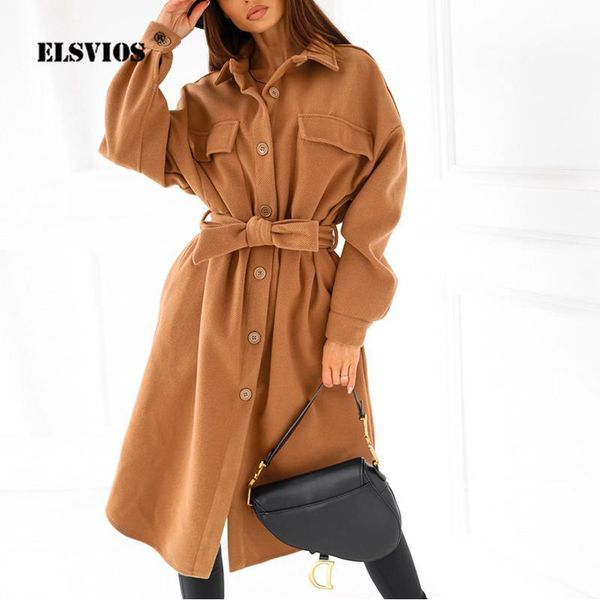 

women's wool & blends women nizi coats autumn winter v-neck long sleeve pocket buttons belt mid-length overcoat casual elegant slim lad, Black