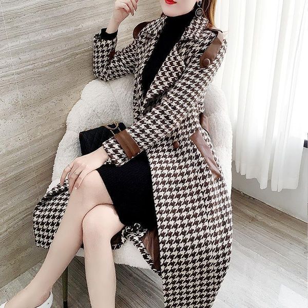 

women's wool & blends 2021 autumn winter fashion mid-length plaid lapel long-sleeved slim temperament woolen coat trend h460, Black