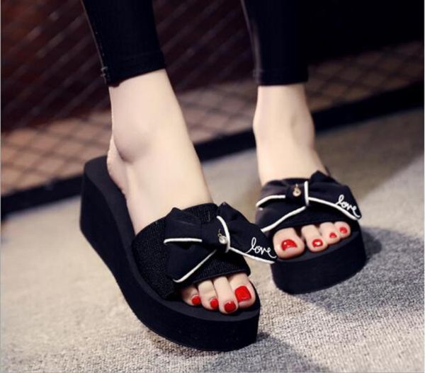 

summer high-heeled non-slip bow-knot female beach sandals and slippers thick bottom wedge tide, Black