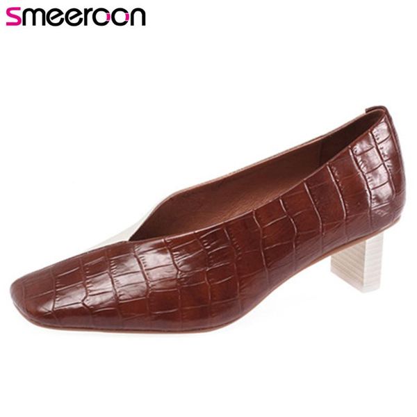 

dress shoes smeeroon 2021 arrive women pumps square toe single transparent heel spring summer genuine leather woman, Black