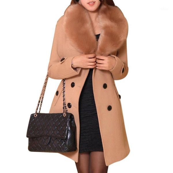 

luxury women coats wool blends plus size sashes faux fur collar double breasted office ladies vintage overcoat winter coat 5xl women's, Black