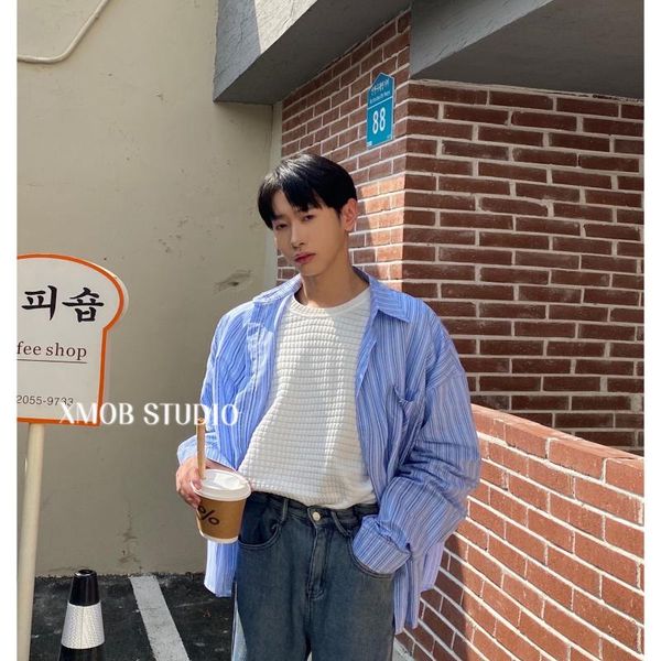 

men's casual shirts 2022 spring and autumn japanese blue striped shirt simple long-sleeved all-match loose trend, White;black