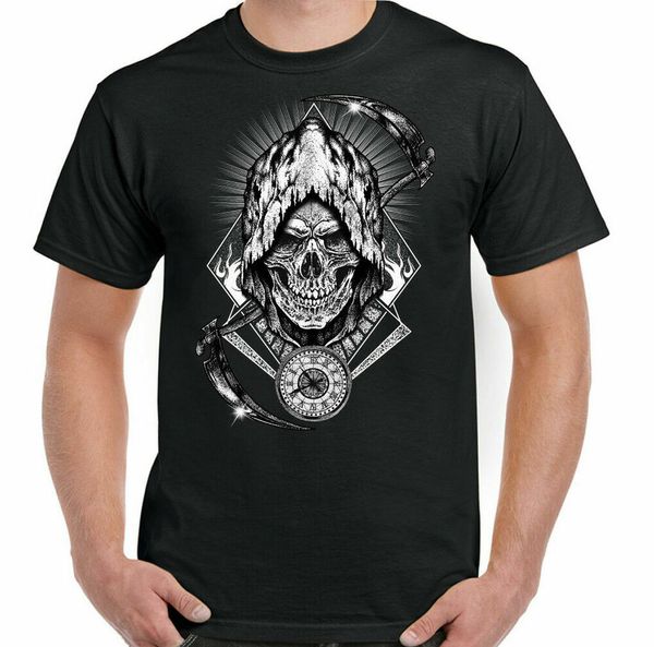

grim reaper mens skull t-shirt biker tattoo heavy metal music guitar, White;black