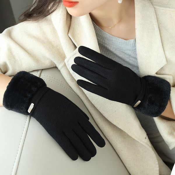 

sports gloves women winter cashmere stretch knit thicken warm glove outdoor sport cycling plus velvet plush touch screen driving mitten r71, Black