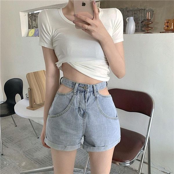 

women 2021 summer high waist denim shorts female slim casual hollow out fashion ladies tide y252 women's, White;black