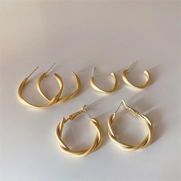 

hoop & huggie aomu 2021 french retro simple gold matte twisted metal earrings for female party jewelry gifts, Golden;silver