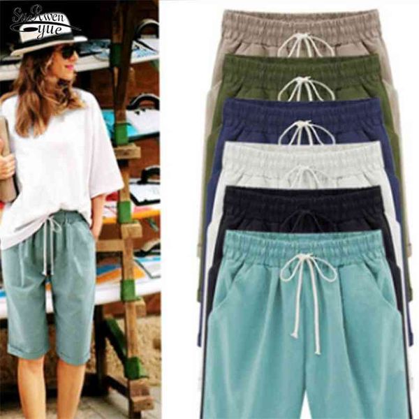 

summer casual plus size women's shorts cotton linen femme streetwear solid elastic fashion pants women 10105 210421, White;black