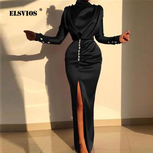 

casual dresses women spring split long sleeve dress elegant turtleneck solid lady buttons club party dropshpping, Black;gray