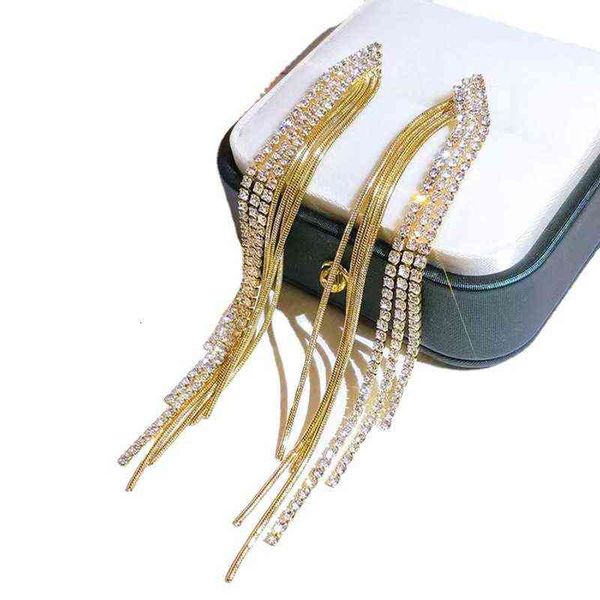 

korean fashion femininity ear line long tassels show face thin earrings net red rhinestone super flash earrings, Golden