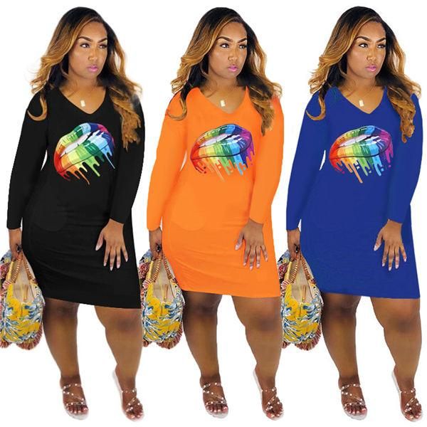 

rainbow lips plus size dress women casual dayly crew neck winter dresse long sleeve loose style women teenager base clothing, Black;gray