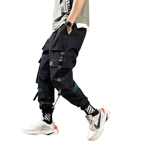 

men's pants 2021 new summer men streetwear ribbons casual slim mens joggers side-pockets cotton man trousers abz395 h7zb, Black