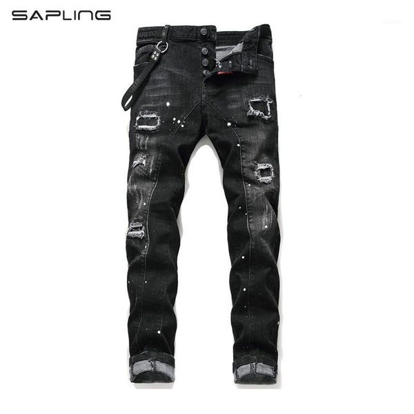 

european american style mens slim jeans hip hop stretch printed ripped splice streetwear black for men paint trousers men's, Blue