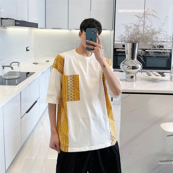 

men's t-shirts summer versatile stitching pattern fashion round neck short sleeve t-shirt loose color contrast skateborad t shirt, White;black