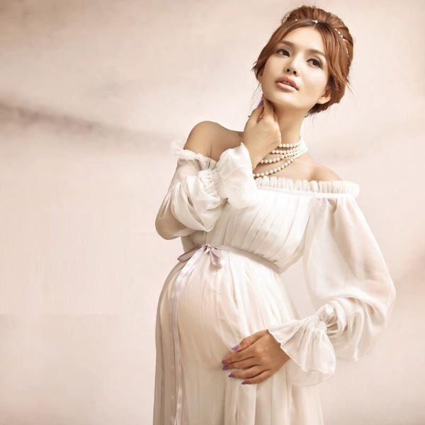 

women pregnants pography maternity long sleeves off shoulder solid dress dresses, White