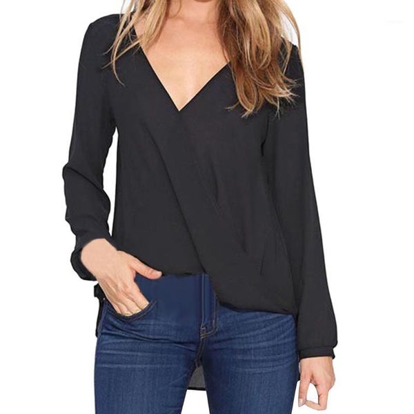 

fashion solid blouse ladies casual daily tee v-neck loose female women's long sleeve shirt blusas pullover, White