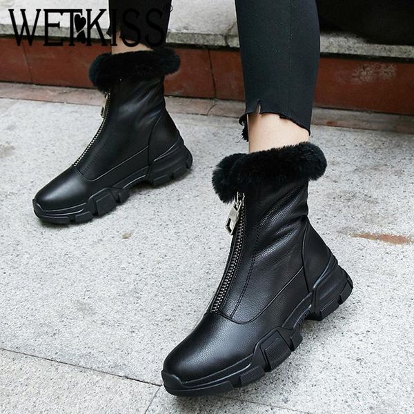 

boots wetkiss cow leather women ankle round toe footwear platform female snow boot plush warm fur shoes woman 2021 winter, Black
