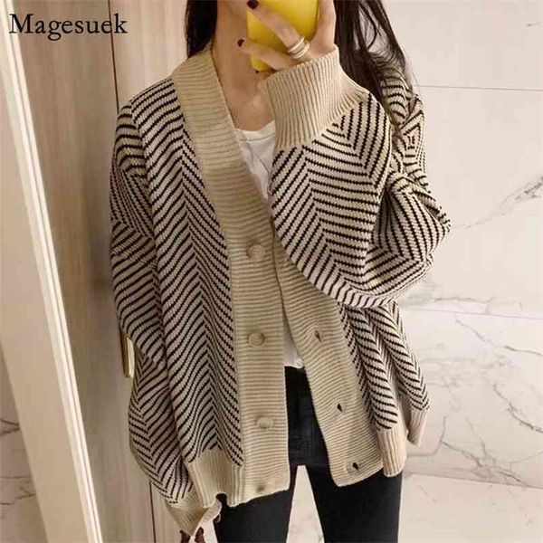 

winter v-neck knitted cardigan sweater women loose vintage long striped sweaters for fashion jacket 12031 210512, White
