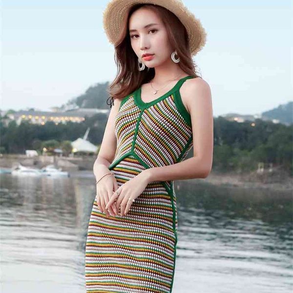 

fashion women's knitted dress summer retro fairy girl style striped slim slimming 210520, Black;gray