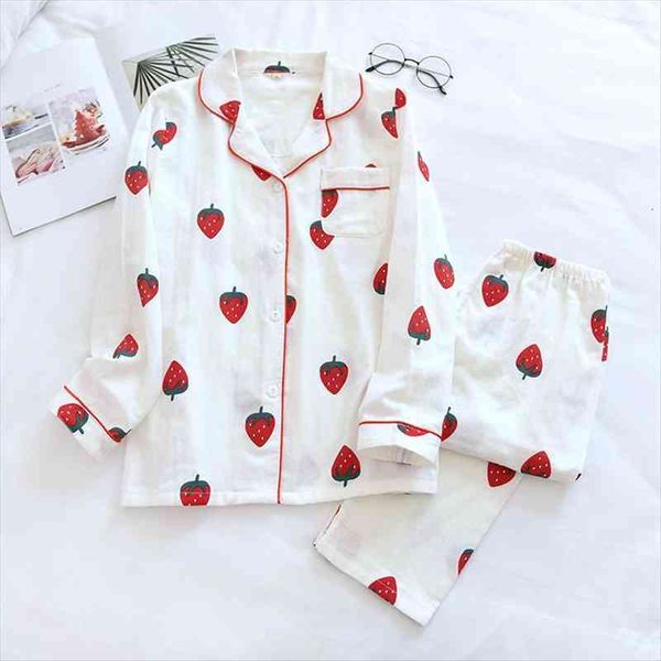 

cotton gauze fruits floral womens sleepwears print girls pajama set long sleeve pockets shirts loose pants sleepwear women sets, Black;red