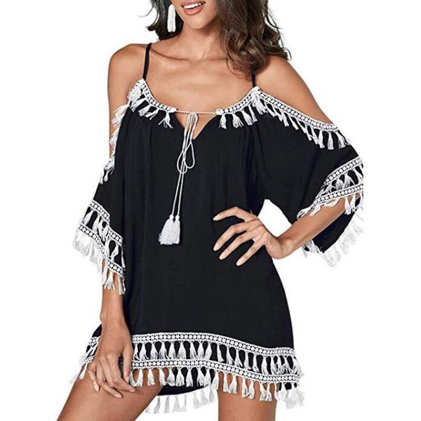 

beach dress women off shoulder tassel short cocktail party dresses sundress vestidos playa robe de women's swimwear, White;black