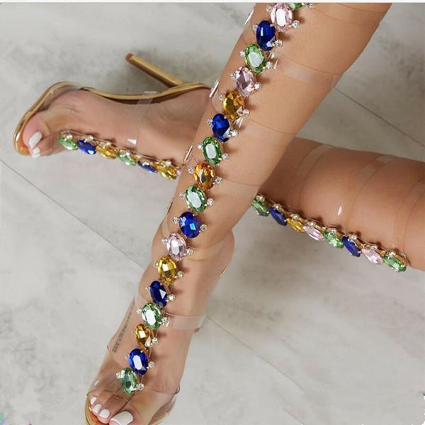

prova perfetto style gladiator women sandals fashion pvc long crystal shining high heels 10cm shoes, Black