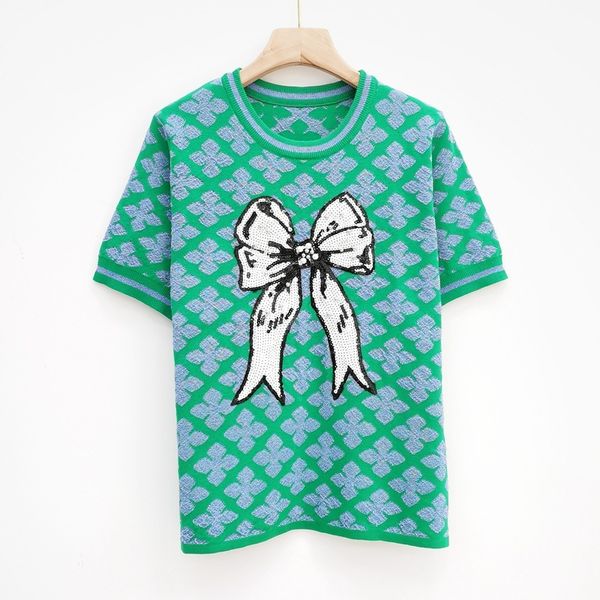 

sweater knit 2021 summer bowknot nail bead sequin check round neck short sleeve pullover color matching t-shirt women's wear, White;black