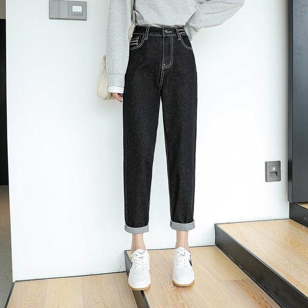 

women's casual high waist black navy blue jeans slim vintage denim pants