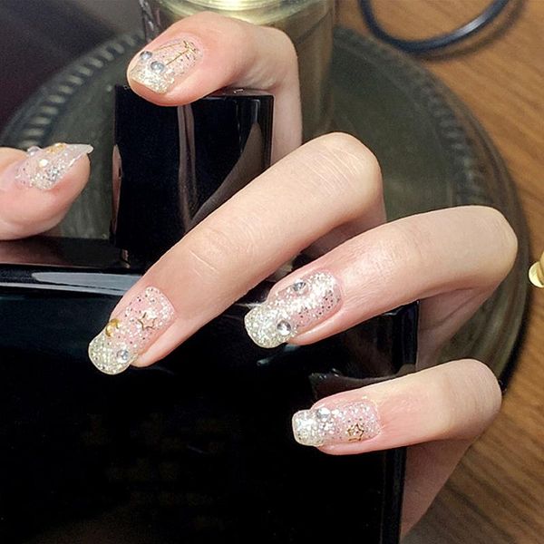 

false nails 24pcs artificial with glue silver moon and star wear nail stickers finished fake press on square dl, Red;gold
