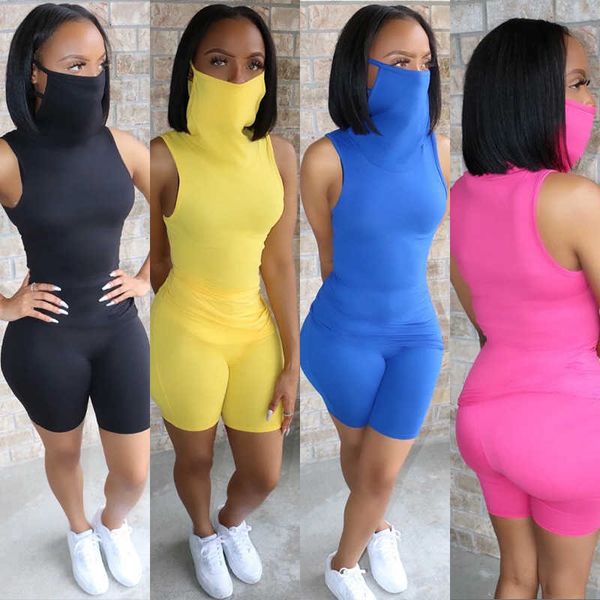

women short two piece set designe solid color mask sleeveless t-shirt tight pants suit club vest shorts matching casual tracksuits dhl, Gray
