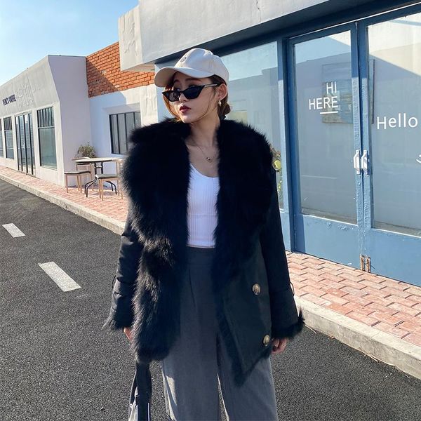 

women's fur & faux 2021 real jackets women winter coats double sides wear collar loose size style warm female outwear coat clothing, Black