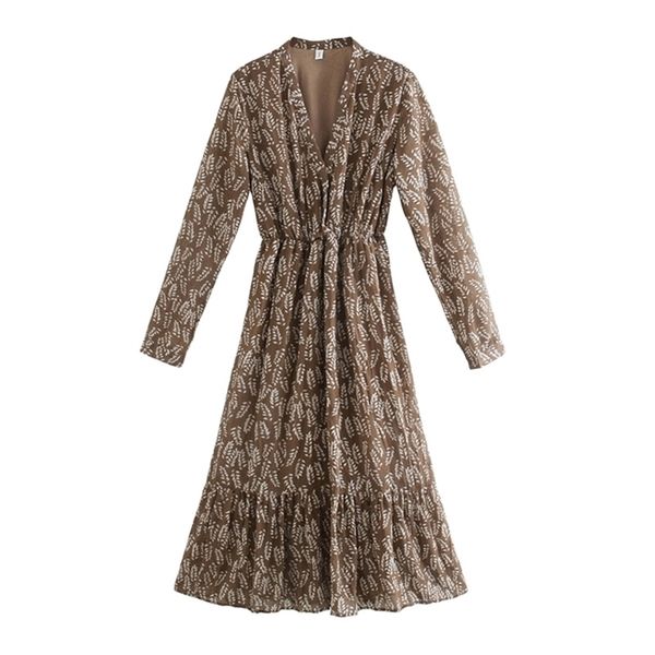 

spring floral printing midi dress pleated v-neck women dresses long sleeve elastic waist 210421, Black;gray