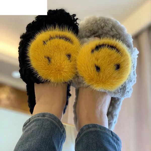 

sandals smiley flat furry slippers women thick sole curly wool open toe mixed color mules autumn outdoor comfort leisure shoes for, Black