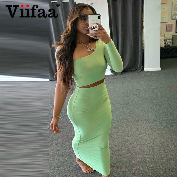 

viifaa one shoulder crop and bodycon long skirt two piece set women clothes fitted 2 piece set party clubswimwear bathing suits swi, Black;gray