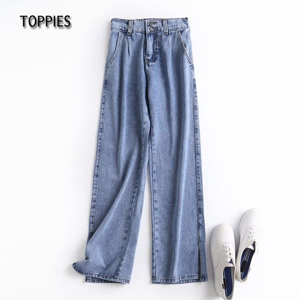 

ies fashion woman wide leg jeans pants side split trousers elastic high waist pockets buttons female pants 210412, Blue