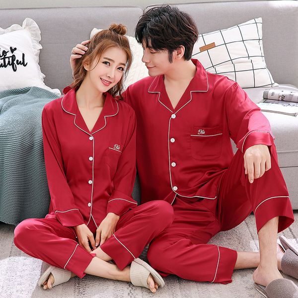 

new lovers homewear red comfort silk satin men and women sleepwear 2pcs pajamas set polyester couples for autumn and winter, Black;red