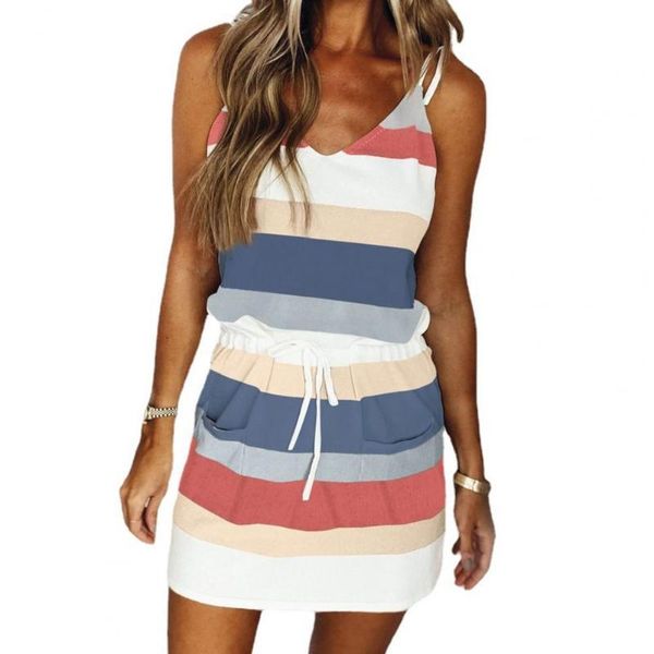 

casual dresses 2021 women's striped pocket dress fashion v neck sleeveless slim tanks mini summer ladies leisure sundress, Black;gray