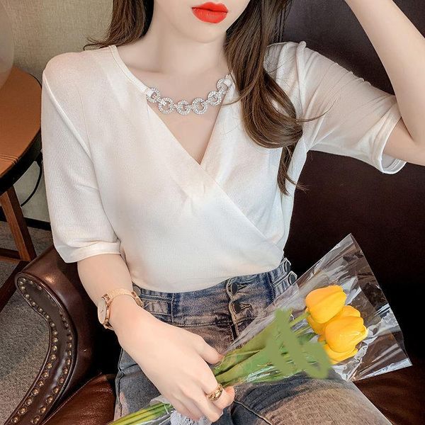 

women's t-shirt easycore white half sleeve cotton women korean fashion front crossed v-neck chain clothes