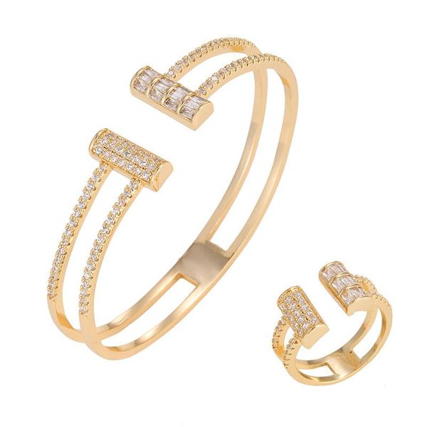 

earrings & necklace women's geometric zircon open bracelet ring two-piece set temperament fashion jewelry 2-piece, Silver