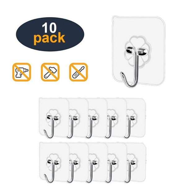

10pcs transparent wall hooks kitchen bathroom waterproof oilproof self adhesive reusable seamless hanging hook key holder & rails