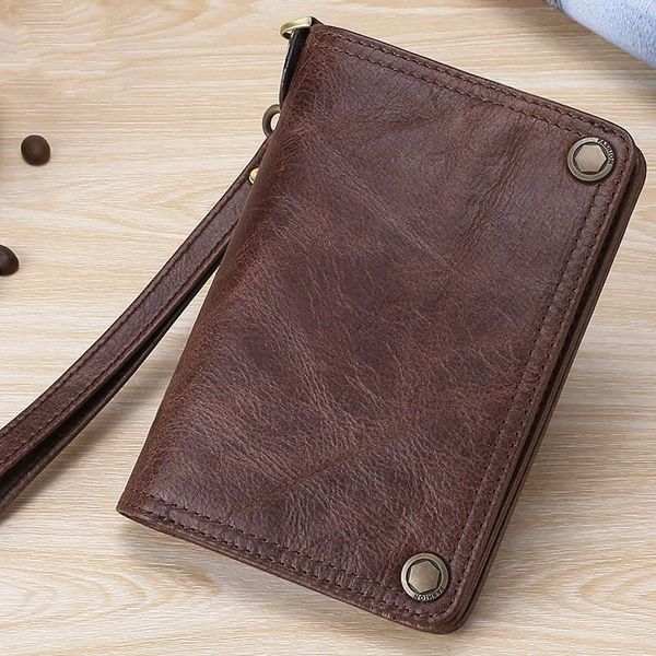 

wallets men long multi-function magnetic buckle genuine leather wallet fashion business oil wax clutch cow retro, Red;black