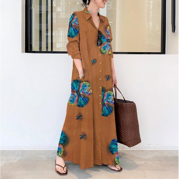 

casual dresses summer stylish women vintage long sleeve loose print sundress 2021 maxi dress kaftan femme solid party vestido robe, Black;gray