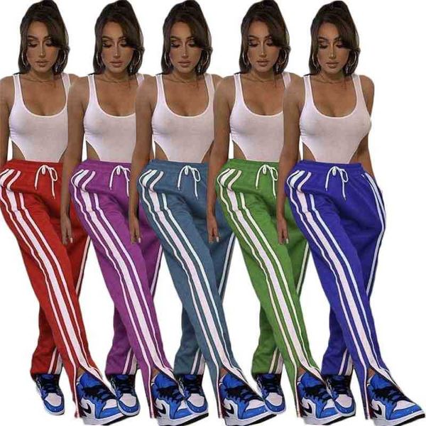 

8367# autumn and winter new women's printed contrast striped casual sports pants, Black