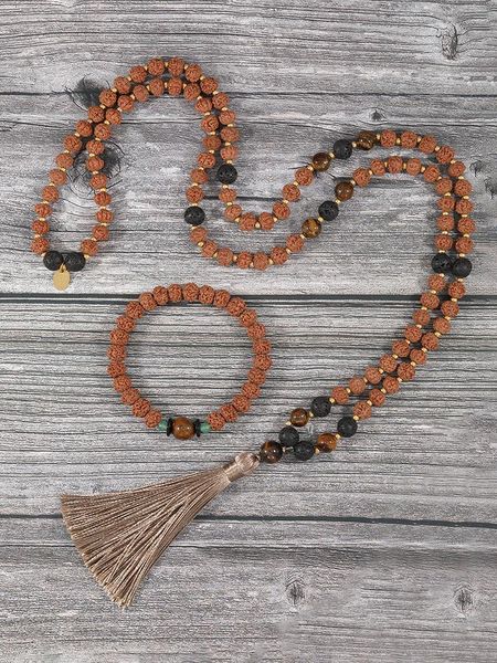 Colares pendentes yuokiaa natural rudraksha tigre olho mala colar pulseira de 108 budaicismo buda rosário joias ioga tassel