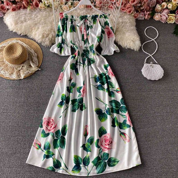 

dresses summer women beach long dress elegant slash neck ruffle short flare sleeve high waist big swing vestidos new fashion, Black;gray