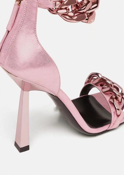 

black square toe sandals women unique thin high heels back zip open toes metal chains decor runway sandalias big plus szie 43 dfg34654gd