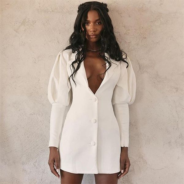 

casual dresses chronstyle white office lady blazer dress women puff sleeve single breasted bodycon party elegant autumn winter 2021, Black;gray